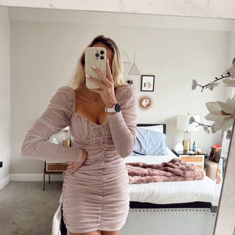 For Love & Lemons Pink Glitter Ruched Mini Dress Puff Sleeve - Picture 13 of 16